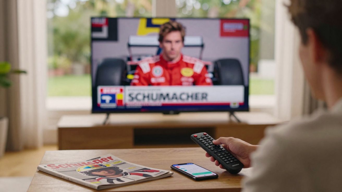 Pessoa vê documentário sobre piloto Schumacher na televisão, com jornal e telemóvel na mesa à frente.