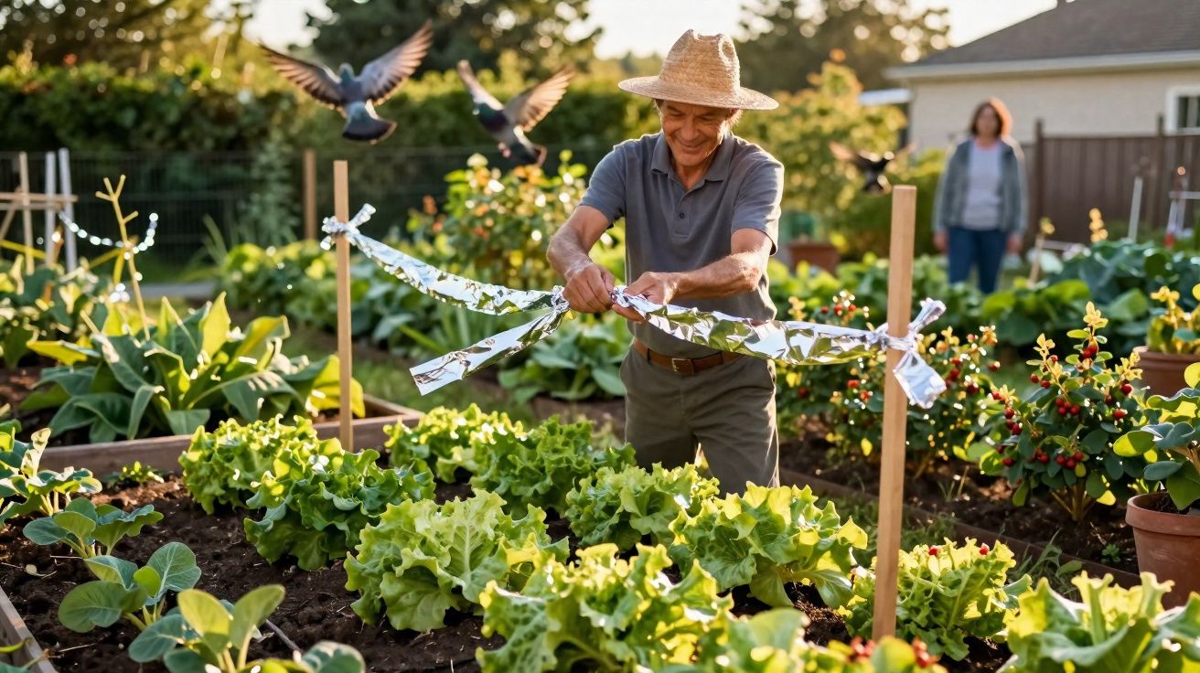 Homem a usar fita refletora para afugentar pássaros numa horta com alfaces e vegetais.