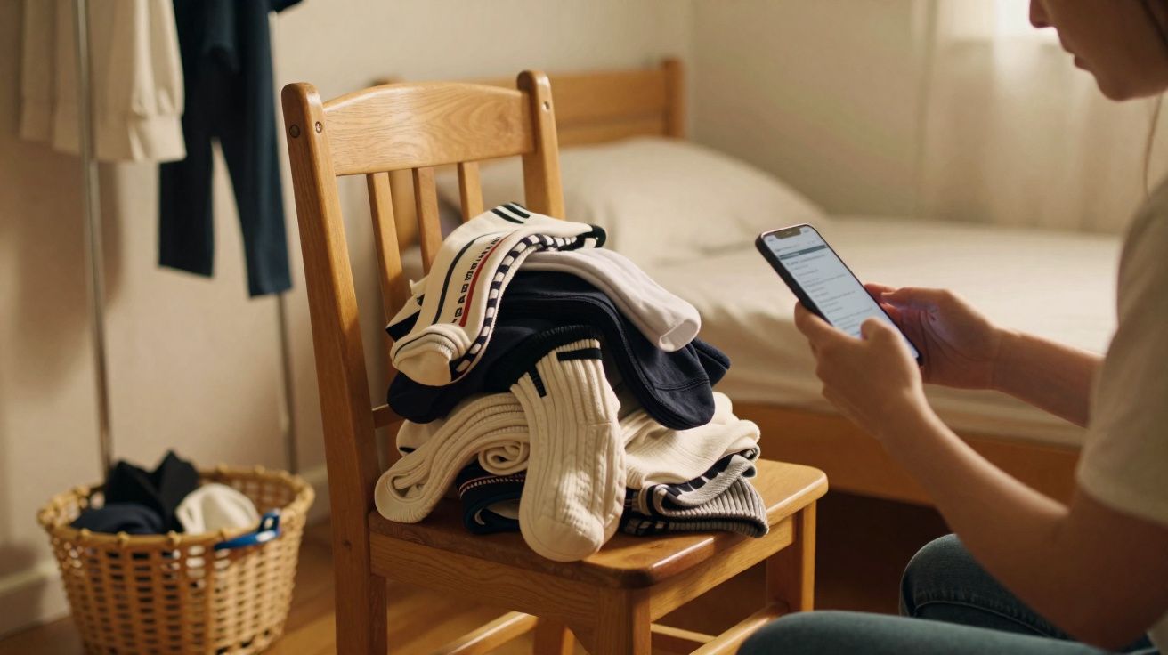 Pilhas de roupas dobradas numa cadeira de madeira com pessoa usando telemóvel ao lado, num quarto.