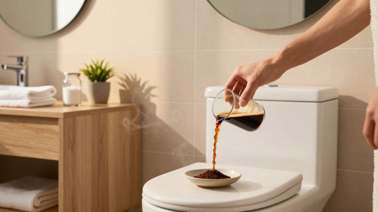 Pessoa a deitar café quente num prato com borras em cima da sanita de casa de banho moderna.