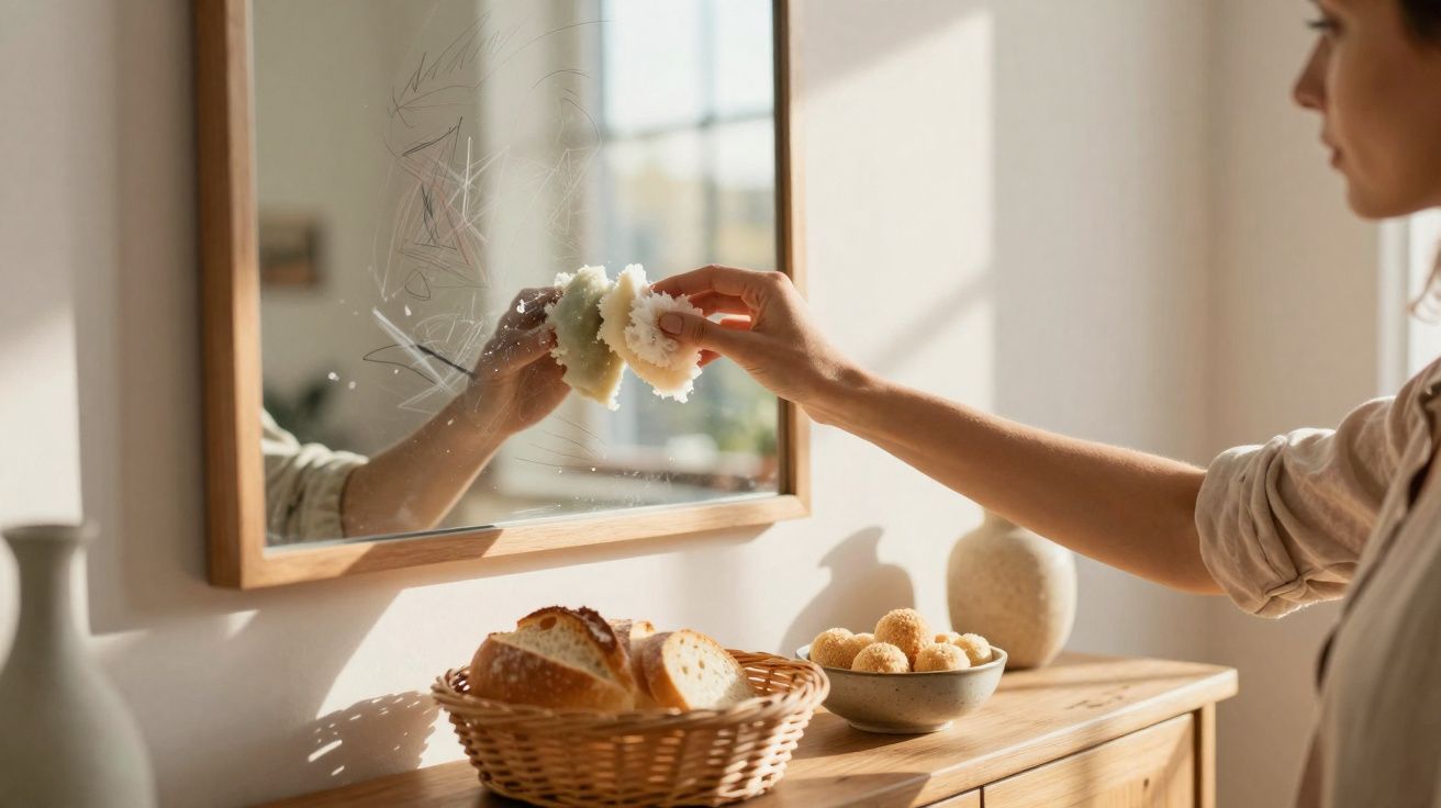 Pessoa limpa um espelho com esponja branca ao lado de uma cesta de pão e taça com bolinhos na madeira.