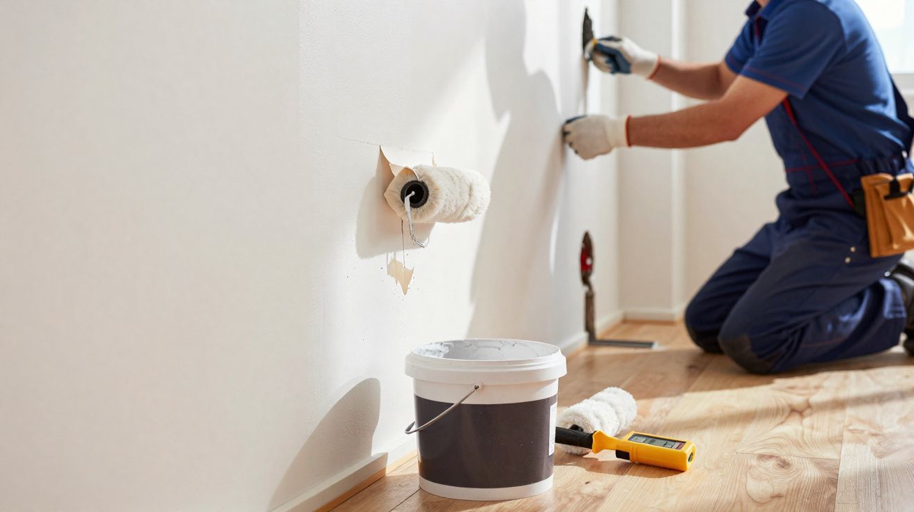 Profissional a reparar buraco na parede com massa, com rolo de pintura e balde à frente, em chão de madeira.