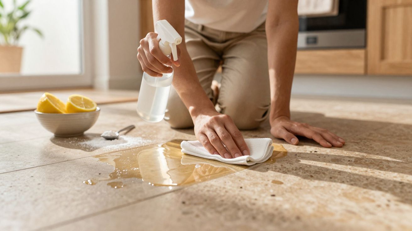 Pessoa a limpar um chão de azulejo com spray de limpeza e pano, ao lado de uma tigela com limões cortados.