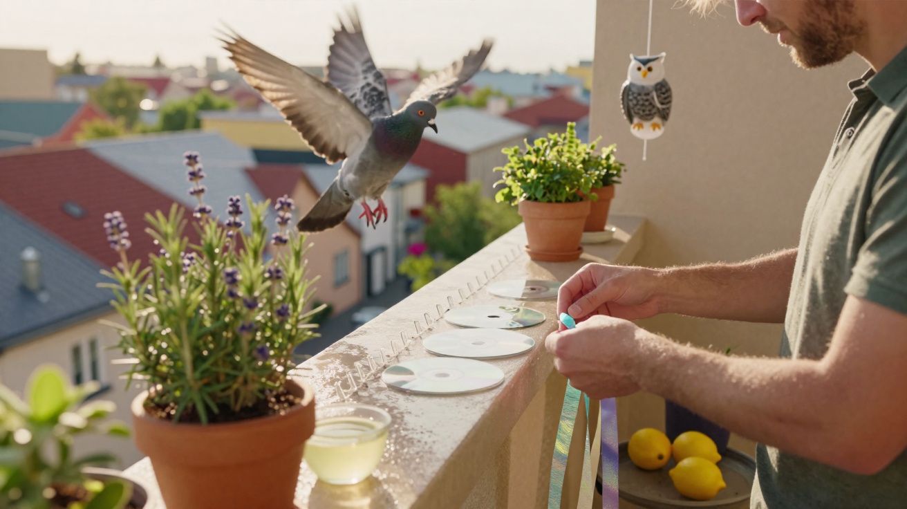 Homem no terraço a instalar fitas para afastar pombos, com planta em vaso e pombo a voar.