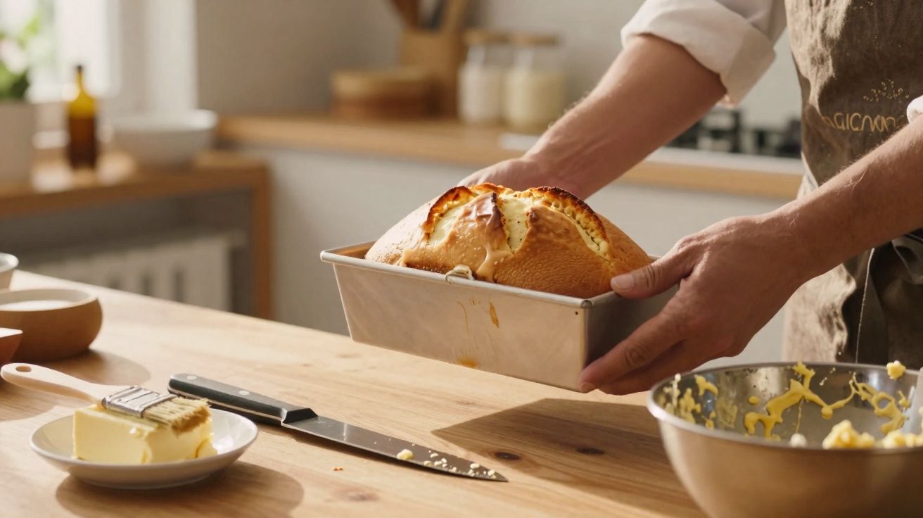 Pessoa a retirar pão acabado de cozer numa forma metálica numa cozinha iluminada.