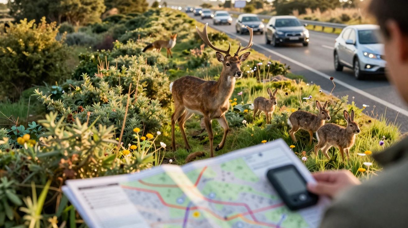 Veado e coelhos na berma de estrada com automobilistas ao fundo e pessoa a segurar mapa e GPS.