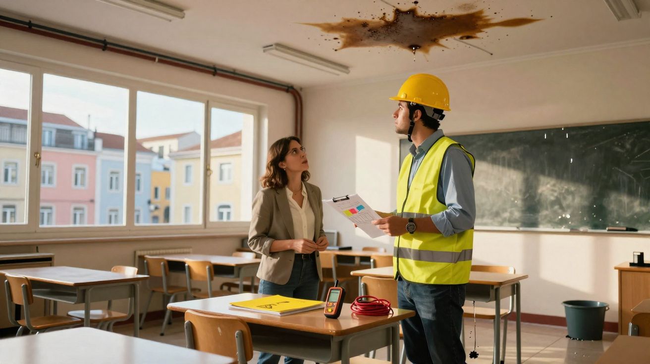 Dois profissionais analisam danos causados por infiltração e mofo no teto de uma sala de aula.