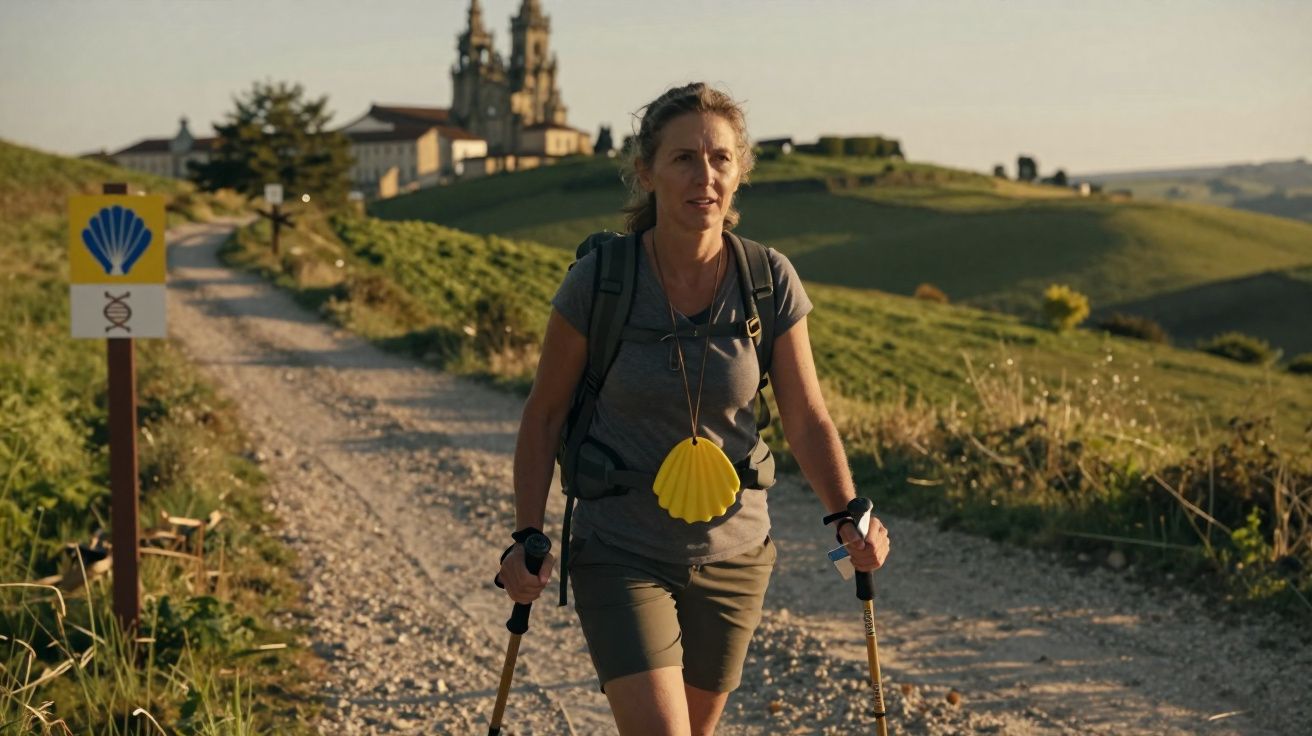 Mulher a caminhar com bastões no Caminho de Santiago, com concha amarela pendurada e igreja ao fundo.
