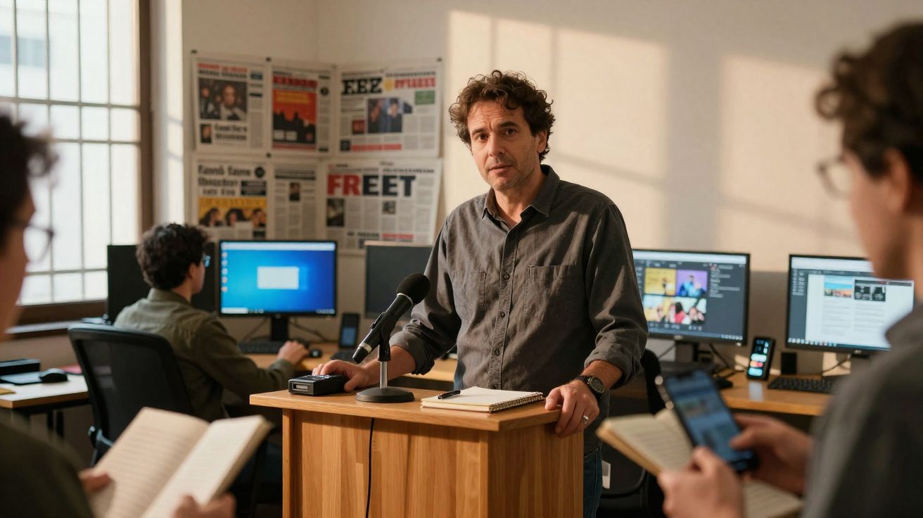Homem a falar num púlpito numa sala de escritório com várias pessoas e computadores ao fundo.