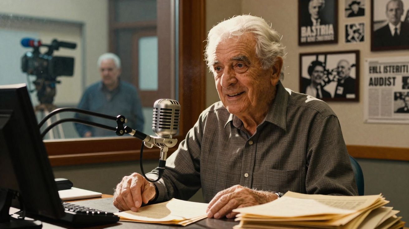 Homem idoso a falar num microfone num estúdio de rádio com papéis e computador à frente.