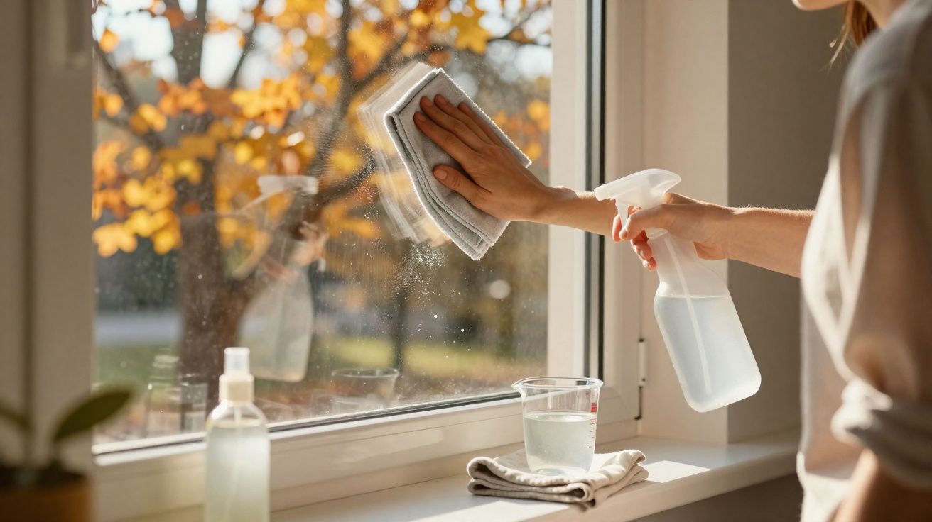 Pessoa a limpar uma janela com spray de limpeza e pano, árvore com folhas outonais ao fundo.