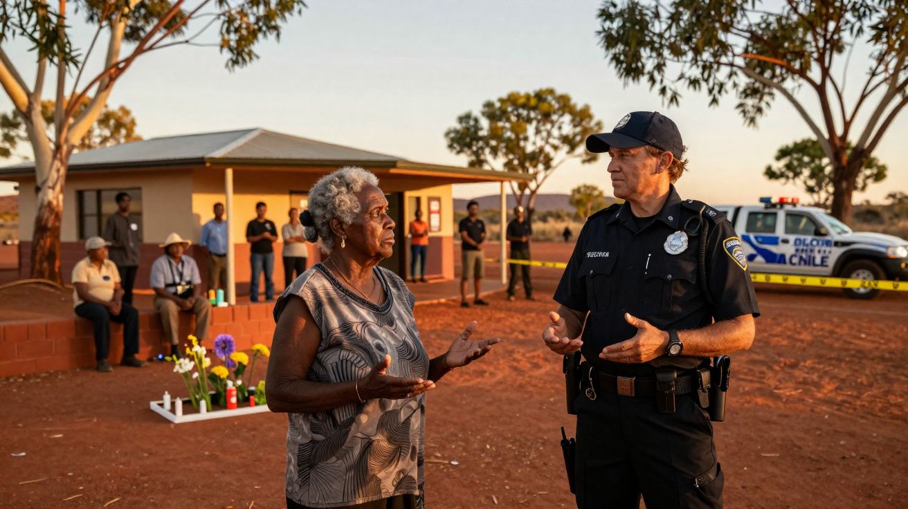 Mulher idosa a falar com polícia perto de viatura, com pessoas e casa ao fundo em terreno avermelhado.