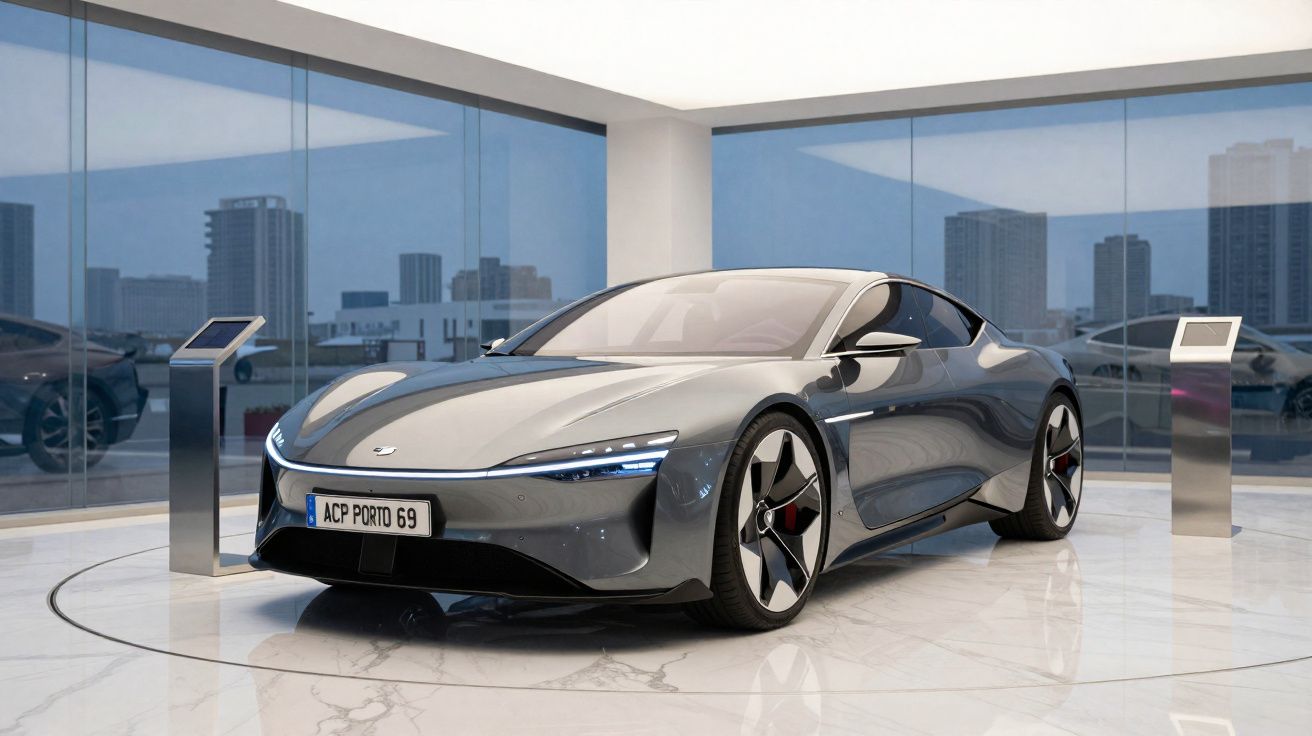 Carro elétrico desportivo cinza exposto numa sala moderna com grandes janelas e chão de mármore.