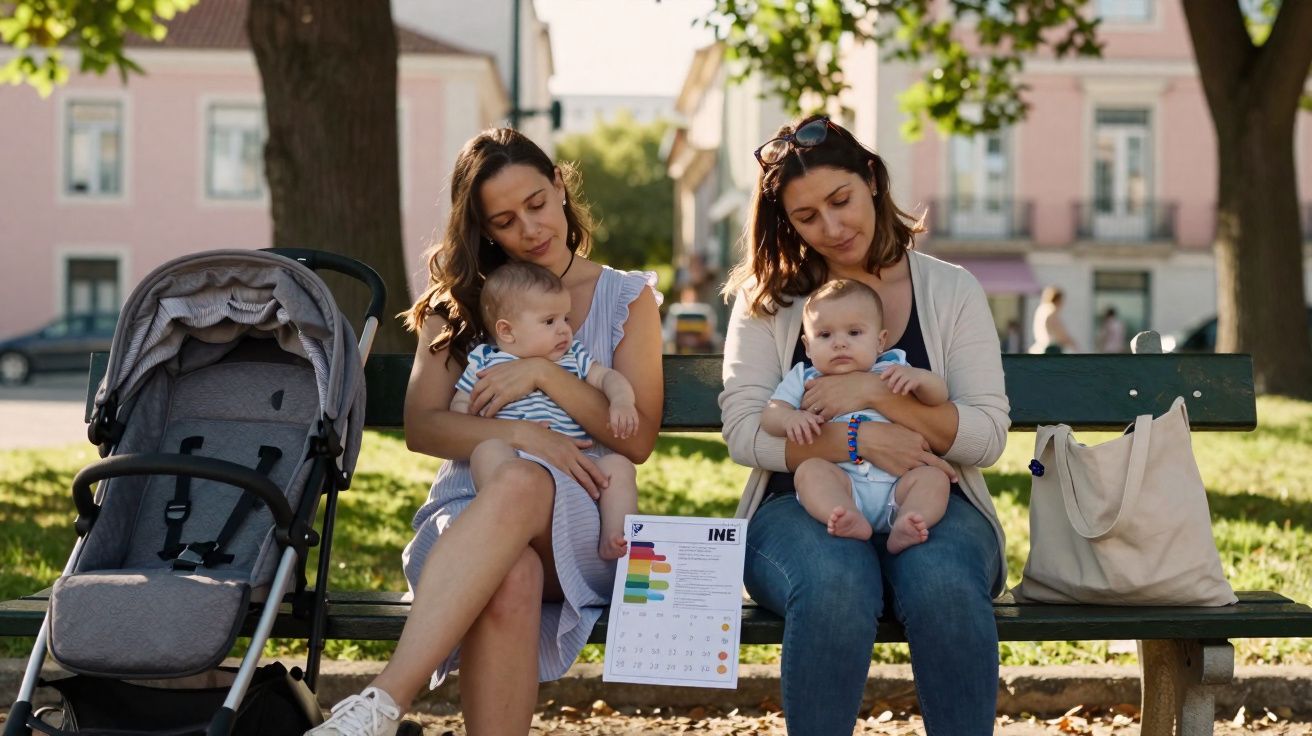 Duas mulheres sentadas num banco de parque seguram bebés no colo, com um carrinho de bebé e uma bolsa ao lado.