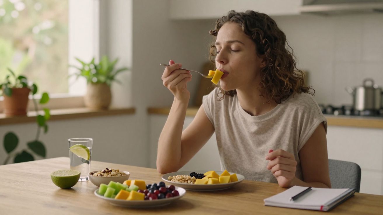 Mulher a saborear pedaços de fruta numa cozinha luminosa, com tigelas de fruta e caderno na mesa.