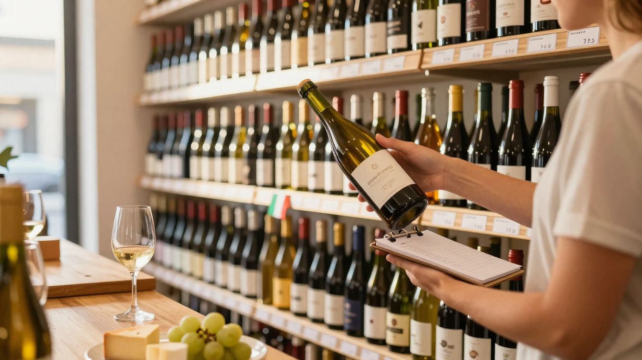 Pessoa a escolher garrafa de vinho branco numa adega com prateleiras cheias de vinhos variados.