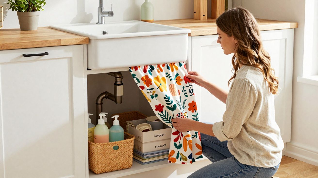 Mulher organiza armário de cozinha com porta de tecido estampado colorido sob lava-louças branco.