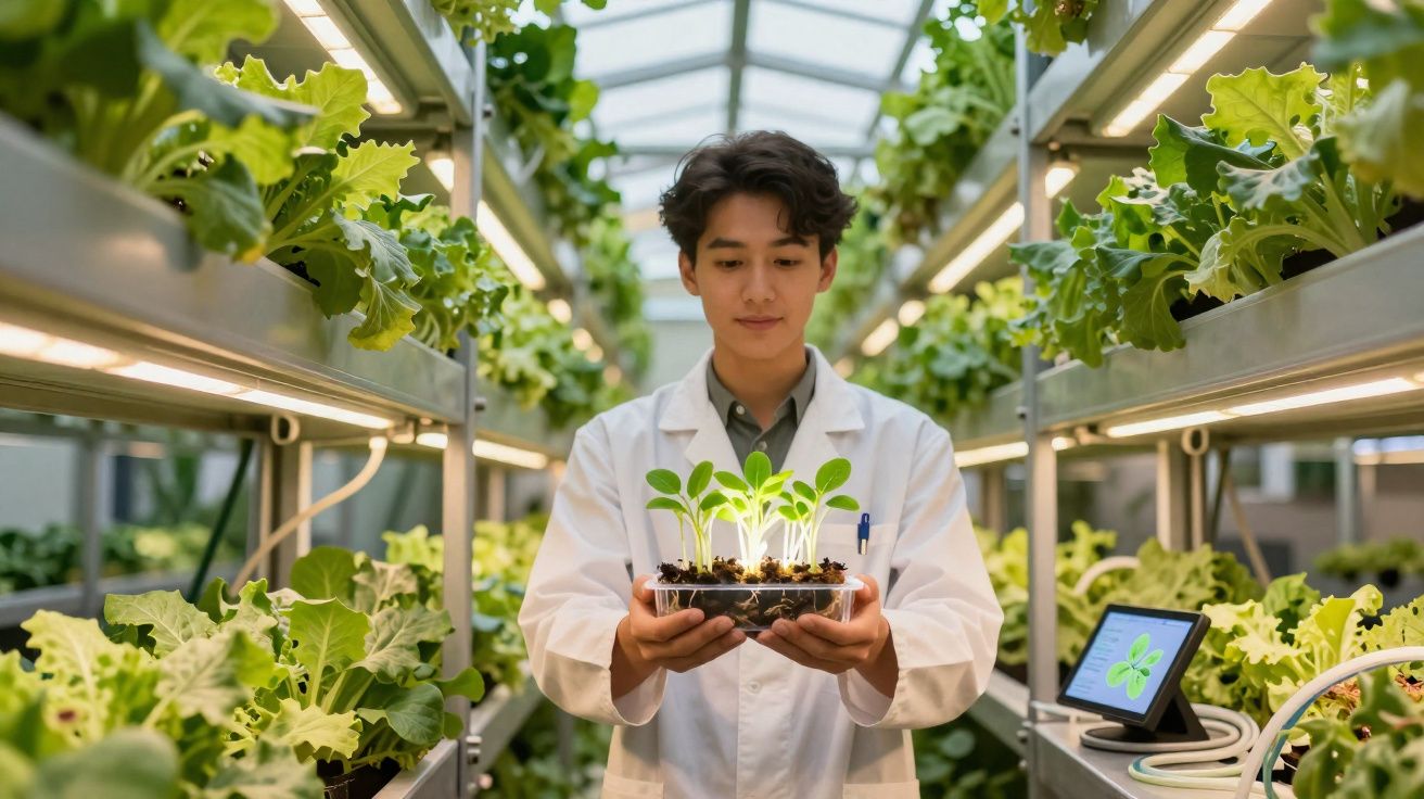 Jovem cientista a observar plantas em estufa moderna com cultivo hidropónico.