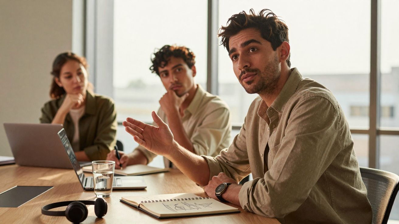 Três jovens em reunião de trabalho, com um a falar e os outros a ouvir atentos numa sala iluminada.