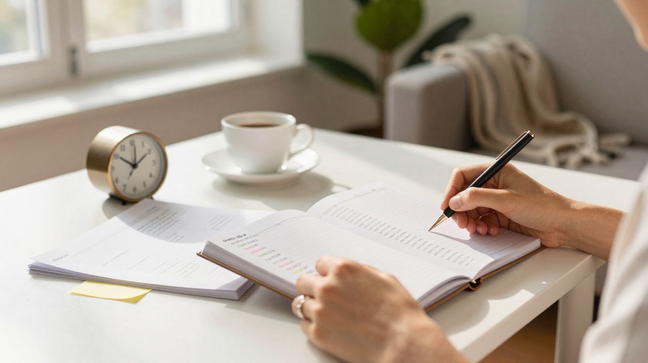 Pessoa a escrever num caderno numa mesa com relógio, chávena de café e papéis em ambiente luminoso.