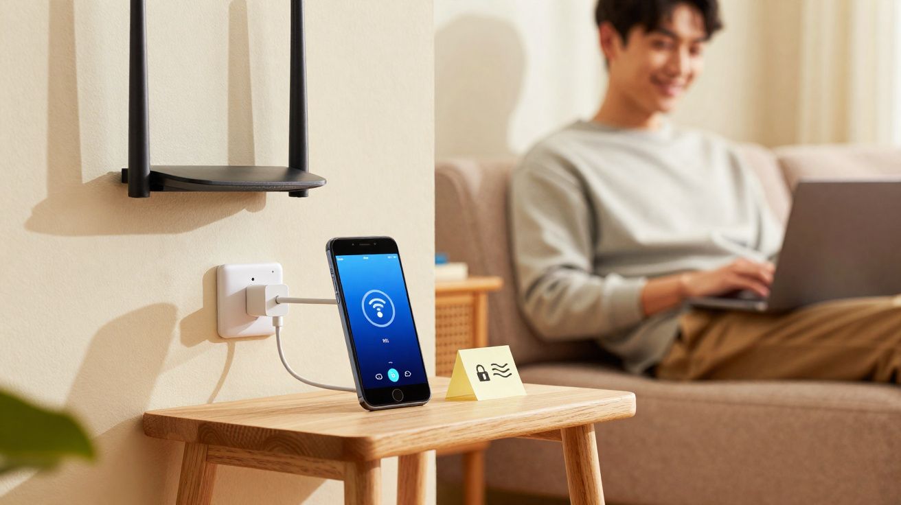 Smartphone ligado a carregador numa mesa junto à parede com router Wi-Fi e jovem a usar portátil no sofá.