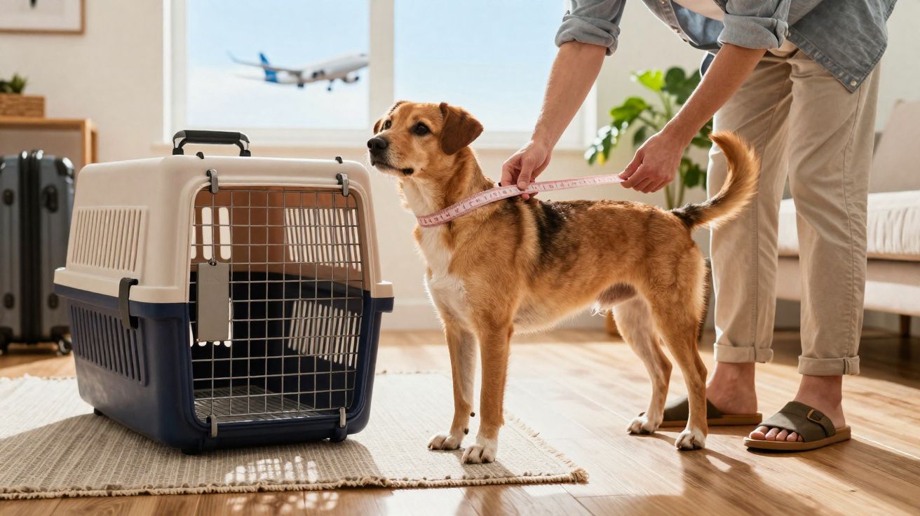 Pessoa a medir pescoço de cão junto de transportadora para viagem aérea em casa iluminada.