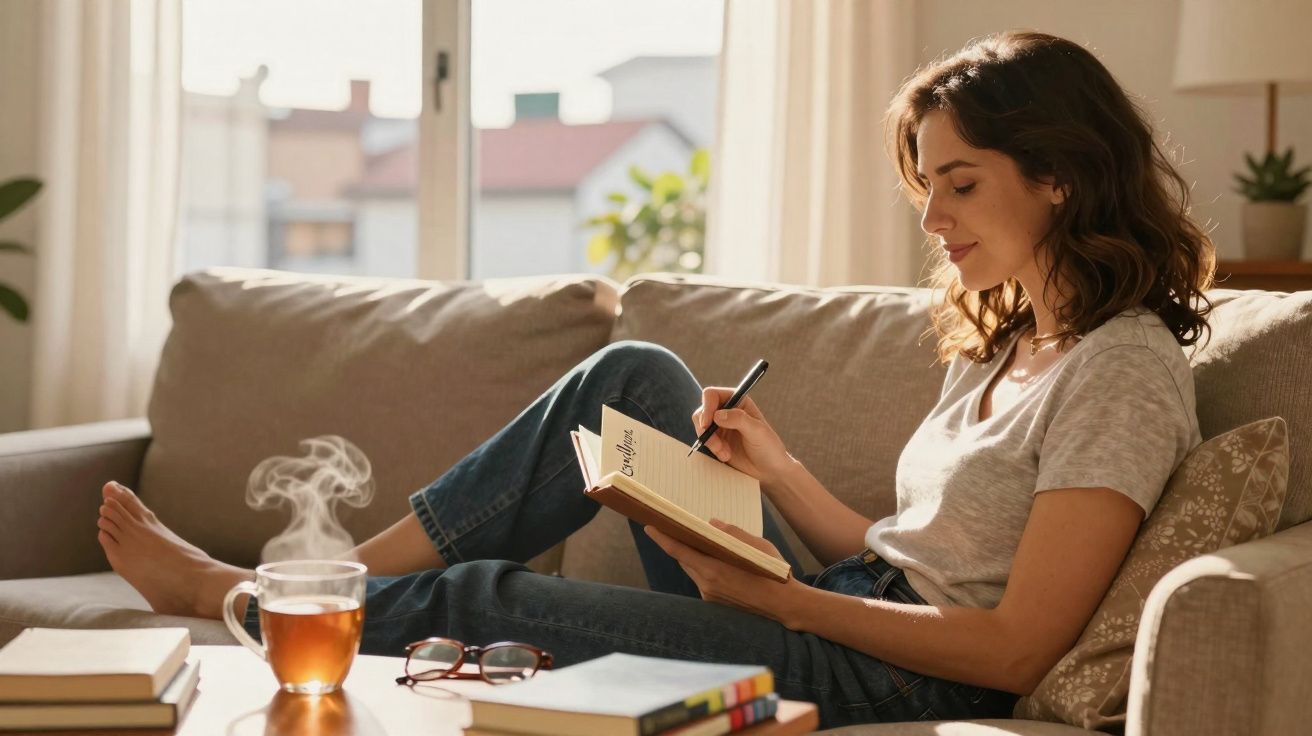 Mulher sentada no sofá a escrever num caderno, com chá fumegante e livros numa mesa à frente.