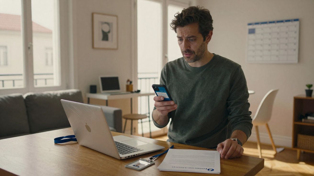 Homem sentado à mesa, com portátil e documentos, a consultar o telemóvel num escritório luminoso.