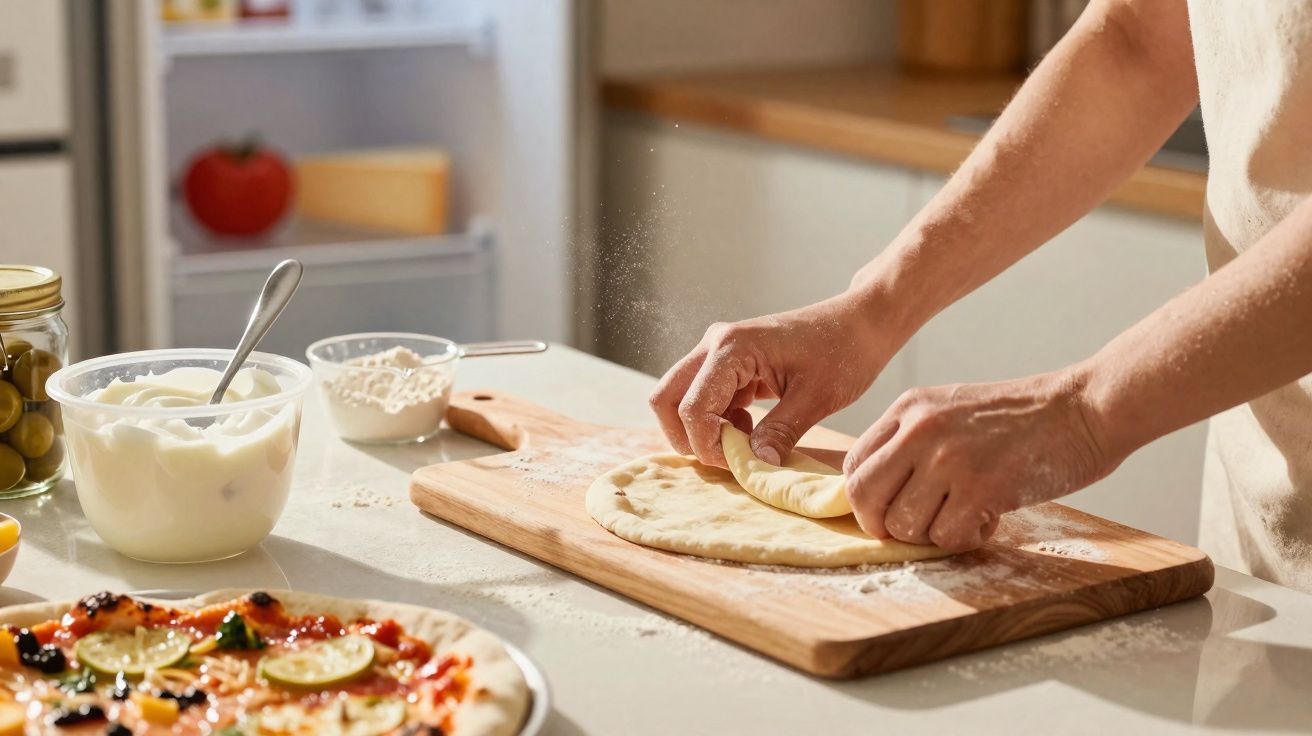 Mãos a enrolar massa de pizza numa tábua de madeira, com ingredientes e uma pizza ao lado numa cozinha.