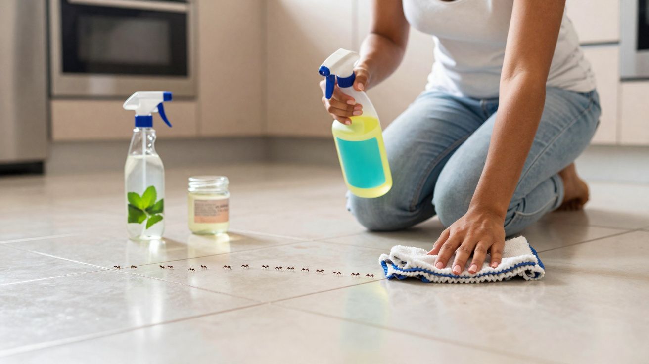 Pessoa a limpar chão com pulverizador, pano e vários formigas numa linha no chão da cozinha.