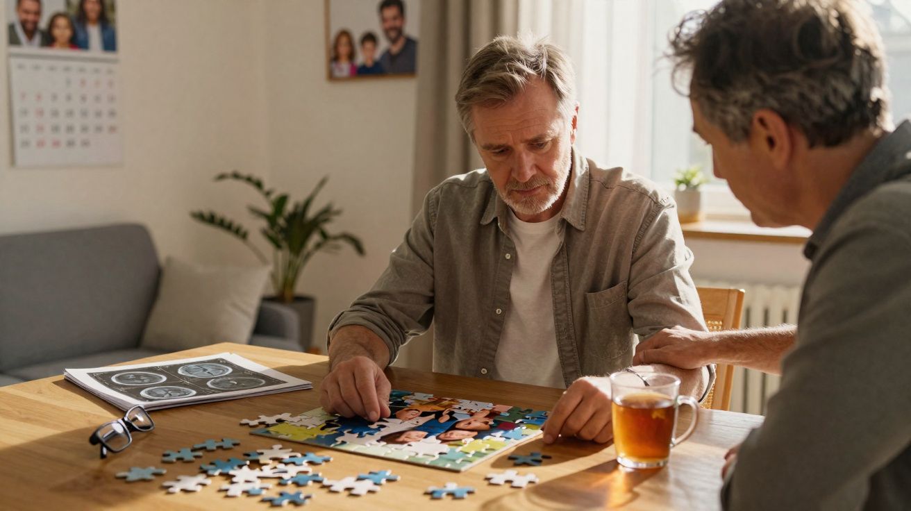 Dois homens sentados à mesa a montar um puzzle de fotografia familiar num ambiente iluminado e acolhedor.