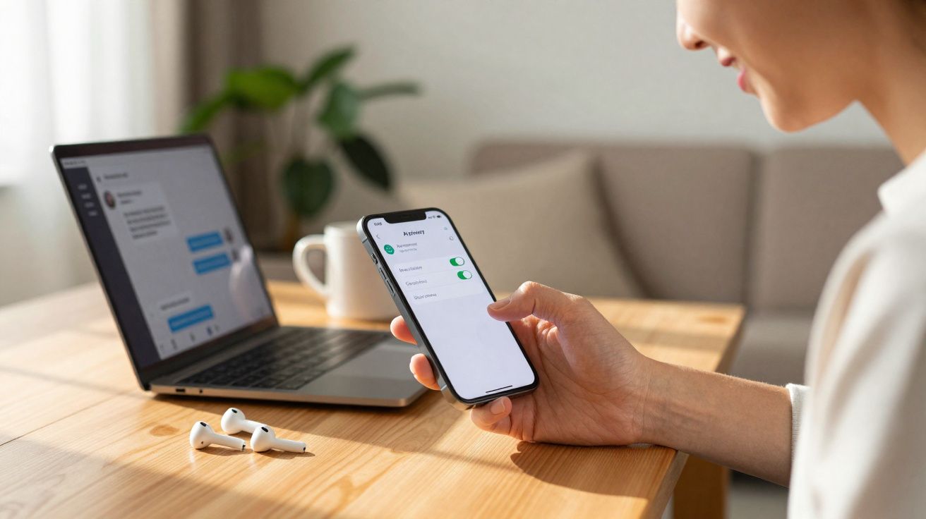 Pessoa segurando smartphone com definições de privacidade, perto de laptop e auriculares numa mesa de madeira.