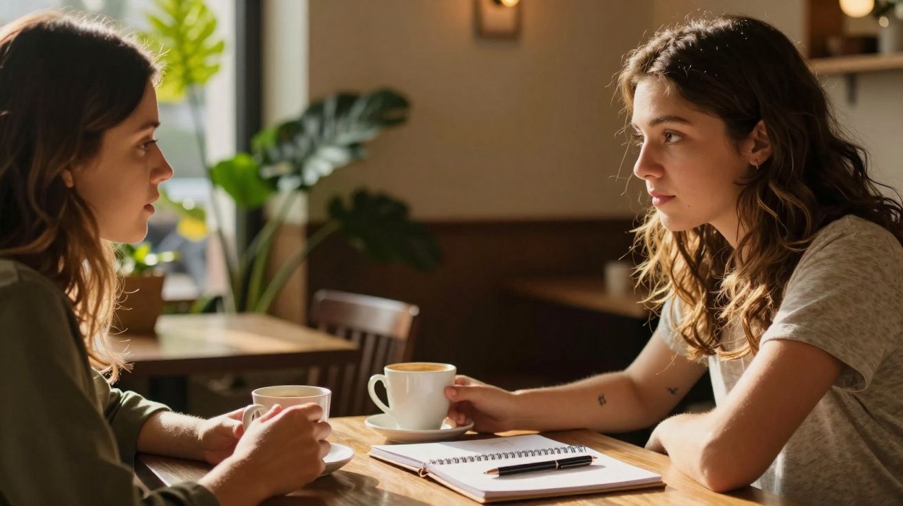 Duas jovens sentadas frente a frente numa mesa de café, conversando, com cadernos e chávenas.