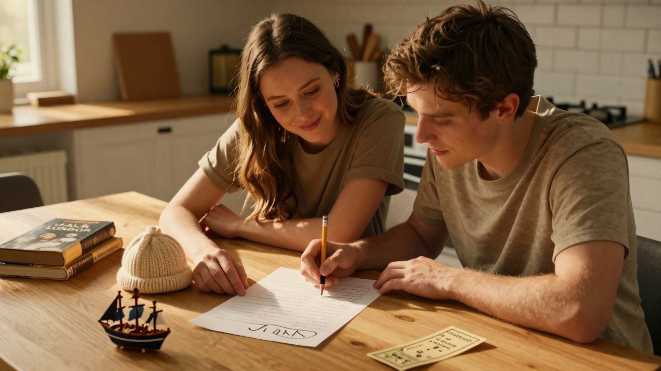 Jovem casal sentado à mesa de cozinha a escrever e ler um documento com atenção e interesse.