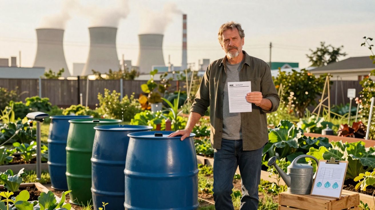 Homem numa horta urbana com barris azuis e indústria fumegante ao fundo, segurando papel na mão.
