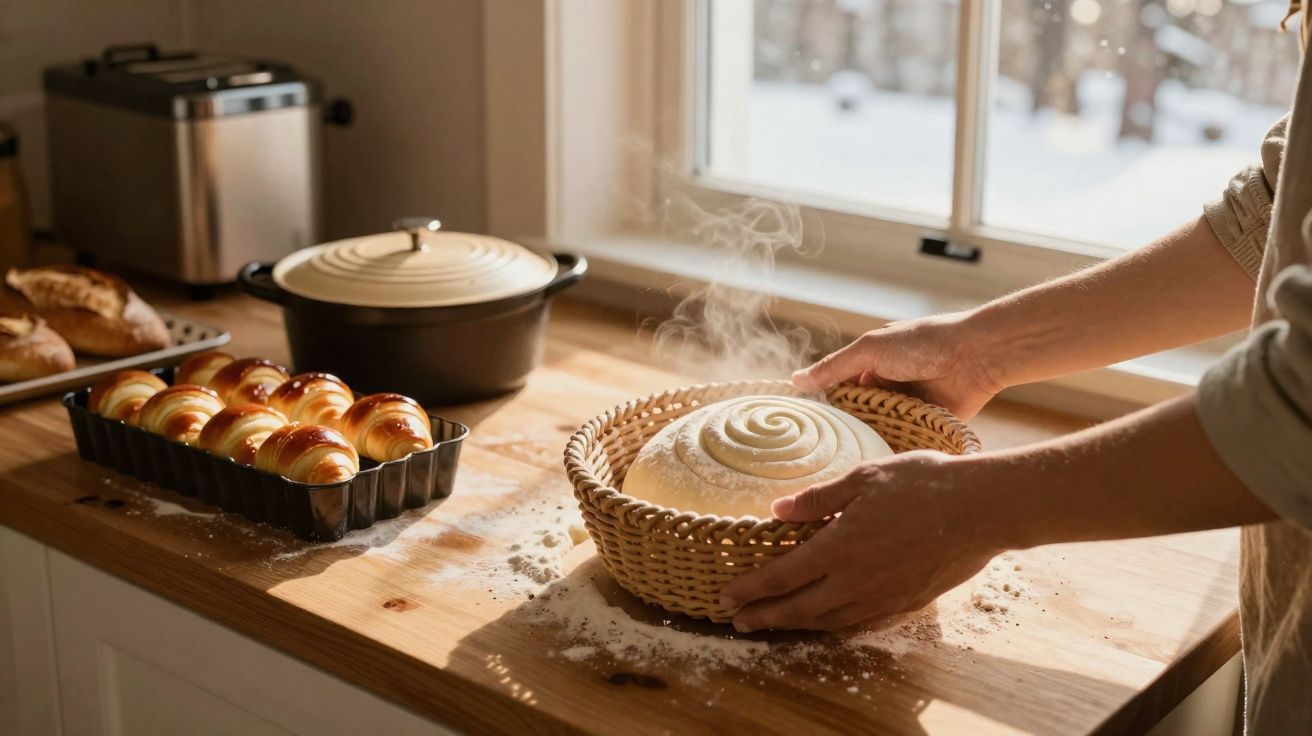Mãos a colocar pão quente e fumegante num cesto sobre uma bancada de madeira numa cozinha iluminada.