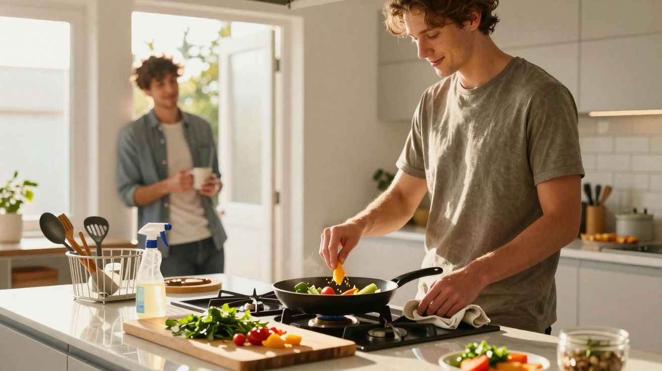 Dois homens na cozinha, um cozinha legumes numa frigideira enquanto o outro observa com uma chávena na mão.