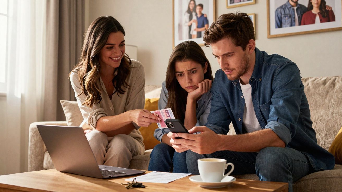 Três jovens sentados no sofá a discutir finanças, com um computador, notas e documentos numa mesa à frente.