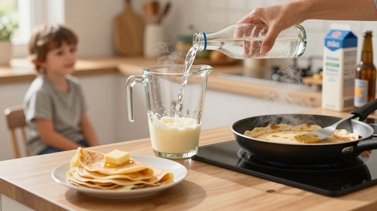 Pessoa a verter líquido numa jarra com leite, ao lado de panquecas e frigideira com crepes na cozinha.