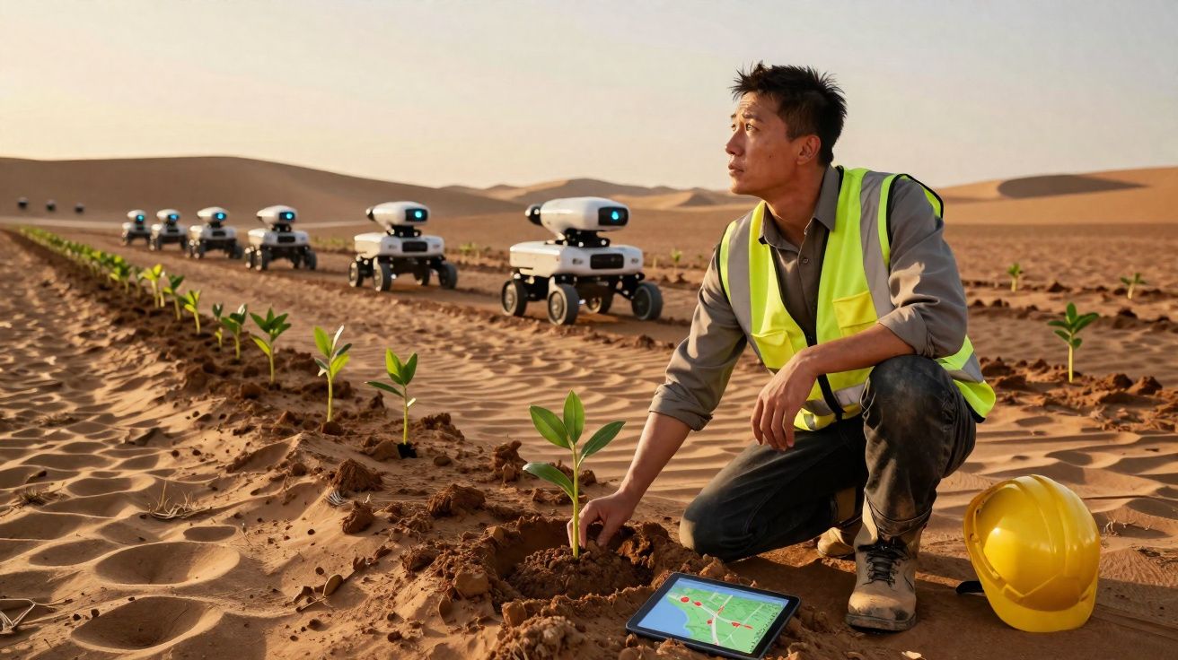 Homem com colete refletor planta muda no deserto com vários robôs agrícolas e tablet no chão.