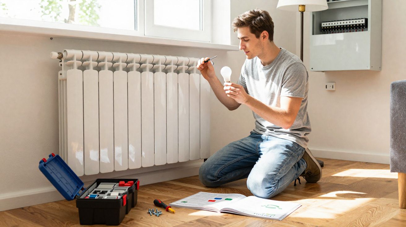Homem a instalar lâmpada junto a radiador, com caixa de ferramentas e manual no chão, num ambiente doméstico.