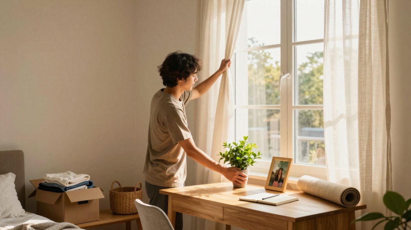 Pessoa jovem a abrir cortina branca num quarto claro com mesa de madeira, planta e fotografia.
