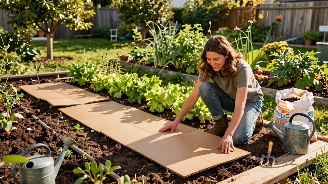 Mulher a colocar um pedaço de cartão no solo de uma horta caseira para plantar verduras.