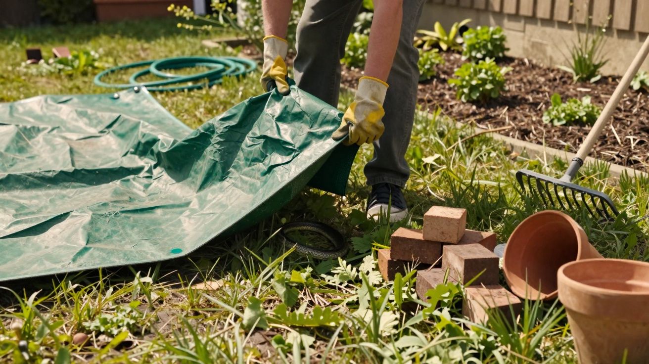 Pessoa a preparar lona verde no jardim com ferramentas de jardinagem e vasos de barro ao lado.