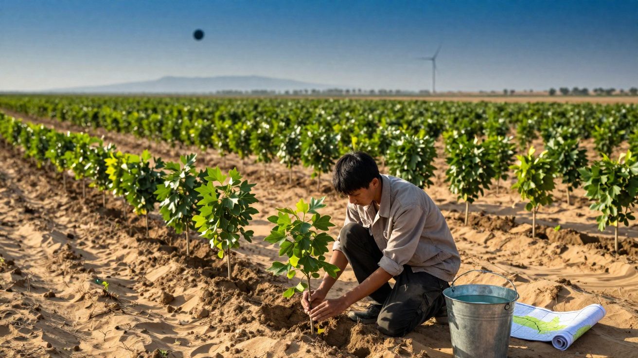 Homem planta uma árvore jovem num campo agrícola com várias árvores e uma turbina eólica ao fundo.