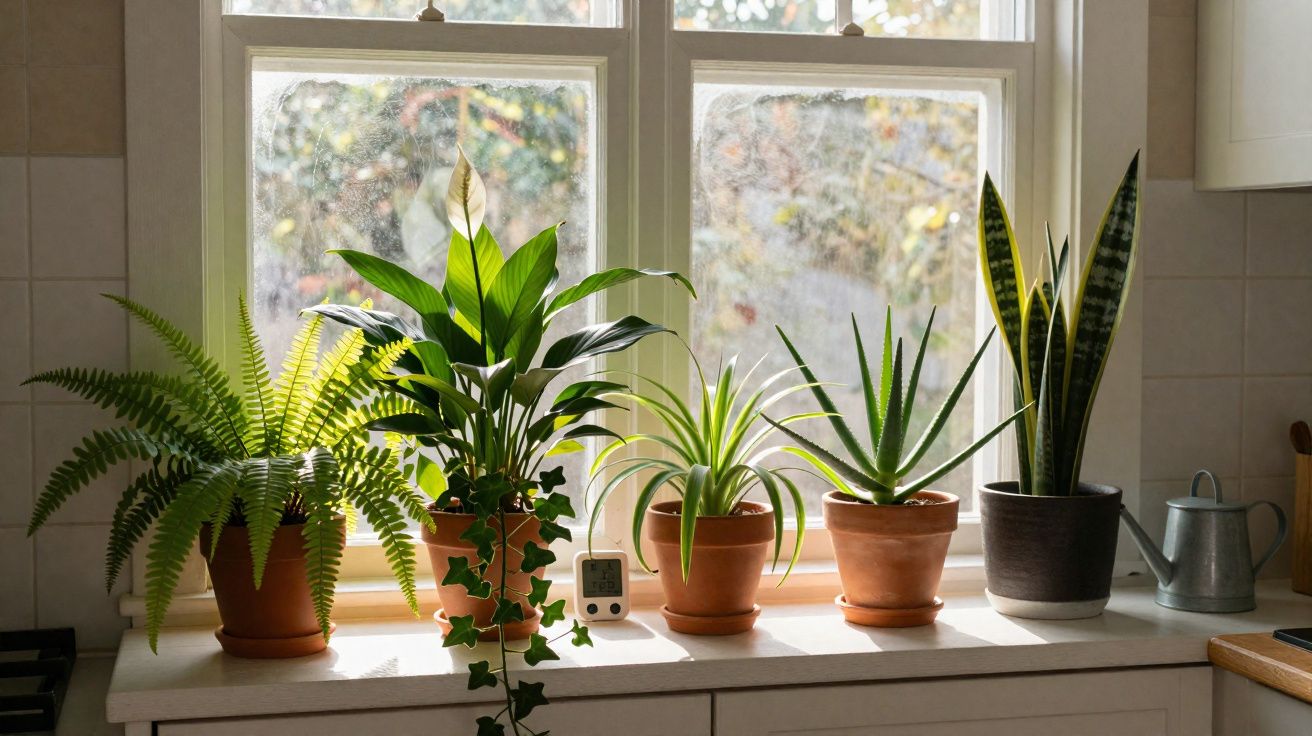 Plantas verdes em vasos sobre o peitoril de uma janela ensolarada numa cozinha.
