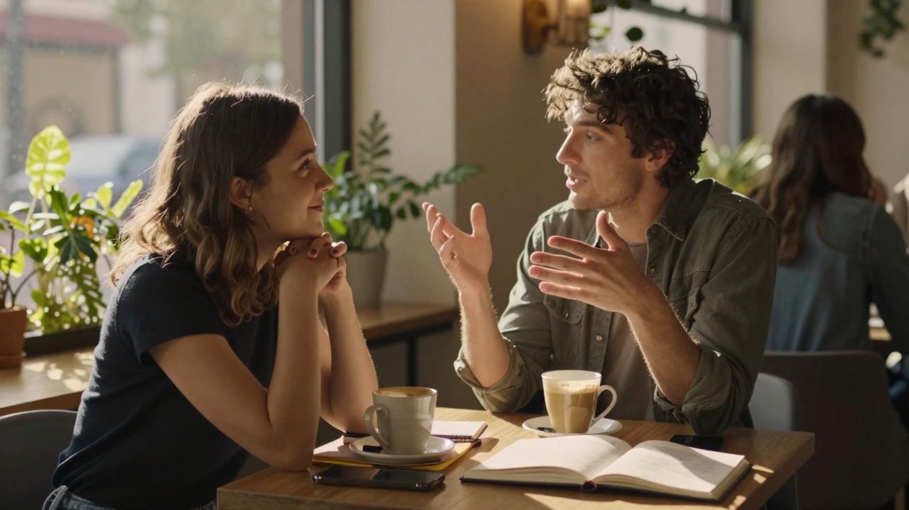 Dois jovens conversam animadamente numa mesa de café com plantas ao fundo.