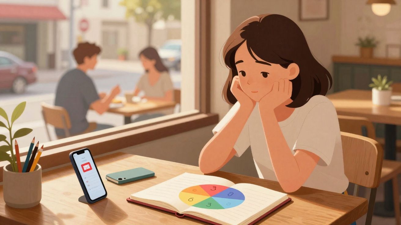 Jovem sentada pensativa numa mesa de café com livro colorido, telemóvel e lápis à sua frente.