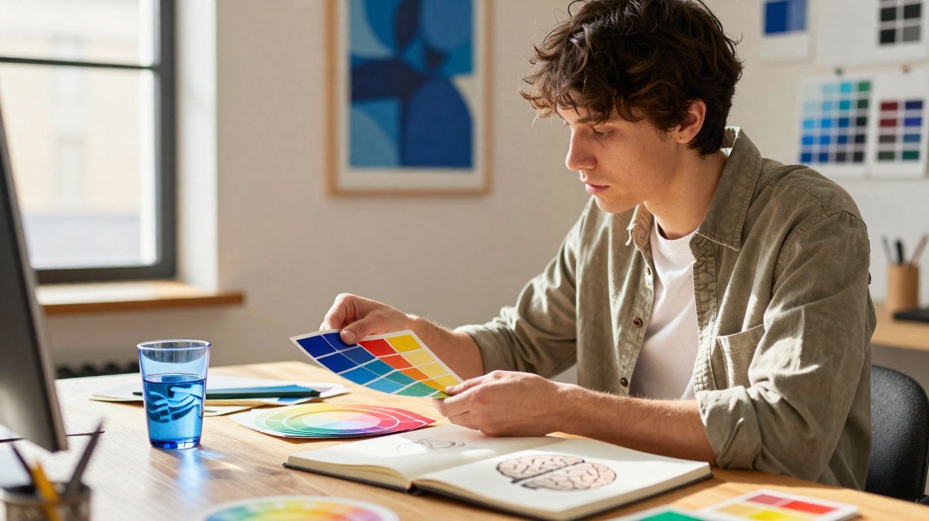 Jovem sentado a analisar paleta de cores numa mesa com cadernos de desenho e amostras de cor.