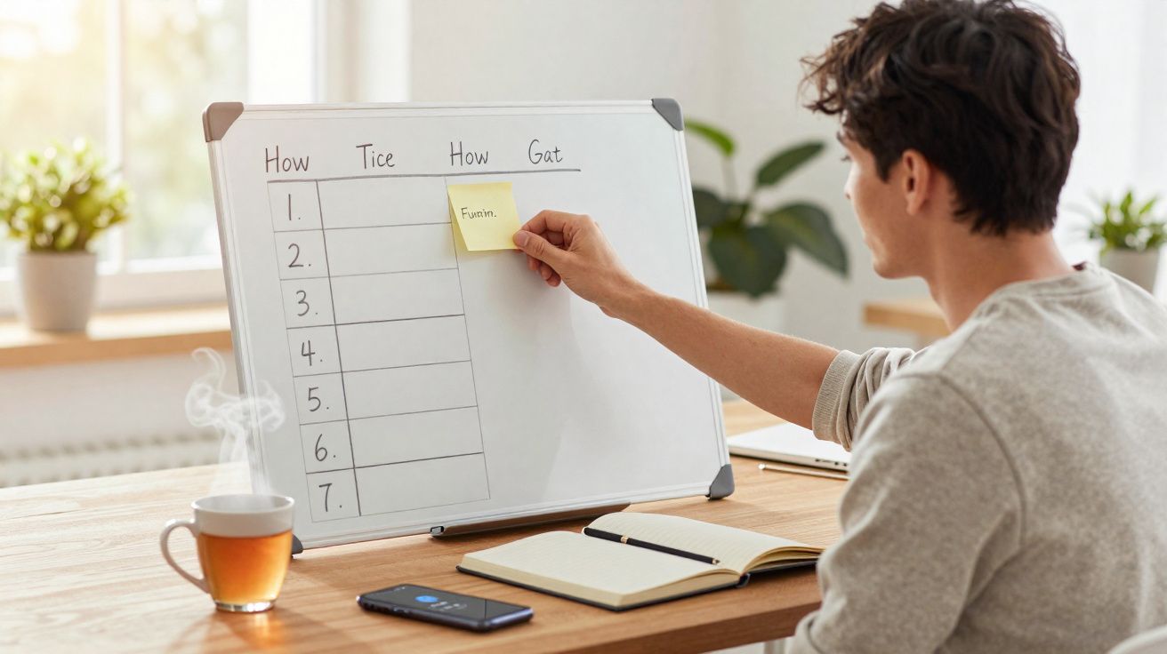 Pessoa a colocar nota adesiva num quadro branco numa mesa com chá, caderno aberto e telemóvel.